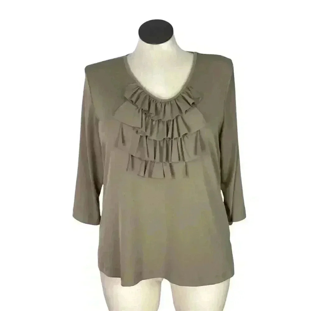 Susan Graver Women L Jersey Ruffle Top Stretch Scoop Neck Khaki A93455